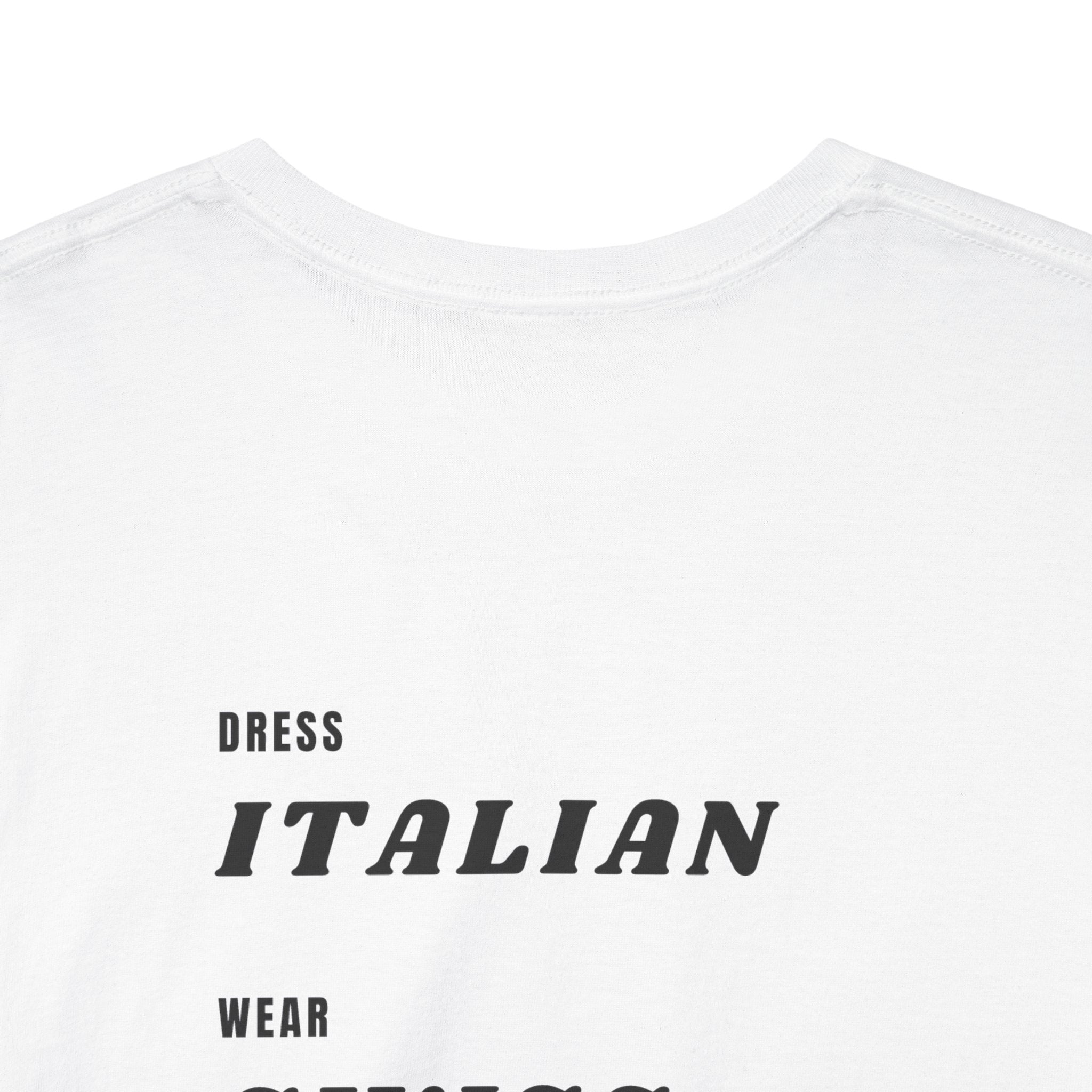 Close-up of a minimalist heavyweight cotton t-shirt, featuring bold black "DRESS, WEAR, DRIVE, MARRY" statement typography near the upper back below the neckline.