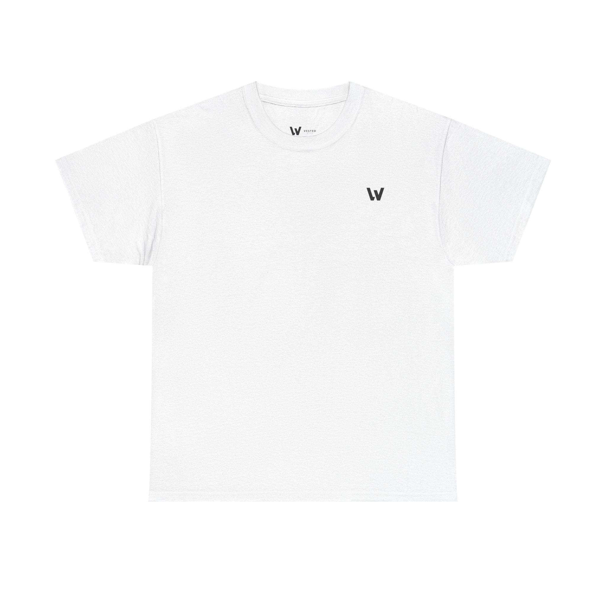 The DRESS, WEAR, DRIVE, MARRY T-Shirt is a minimalist white heavyweight cotton tee with a small black W logo on the left chest and a W label inside the collar, displayed flat on a white background.